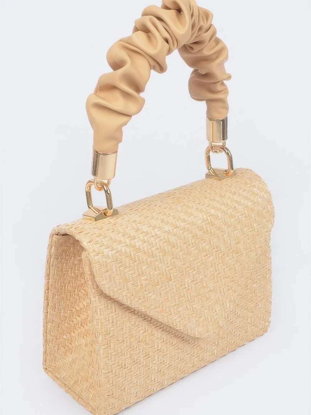Faux Straw Top Handle Flap Bag